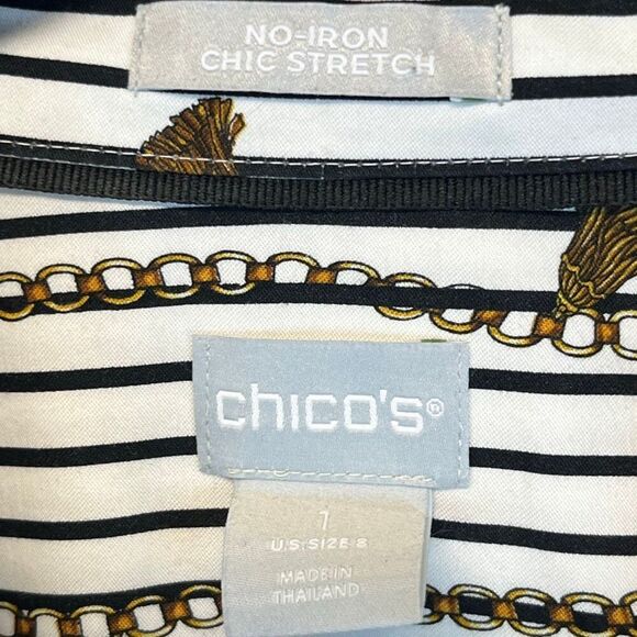 CHICO’S Women’s Button Down Shirt Size 1 (8) White Black Chain Tassel Print - Picture 3 of 9
